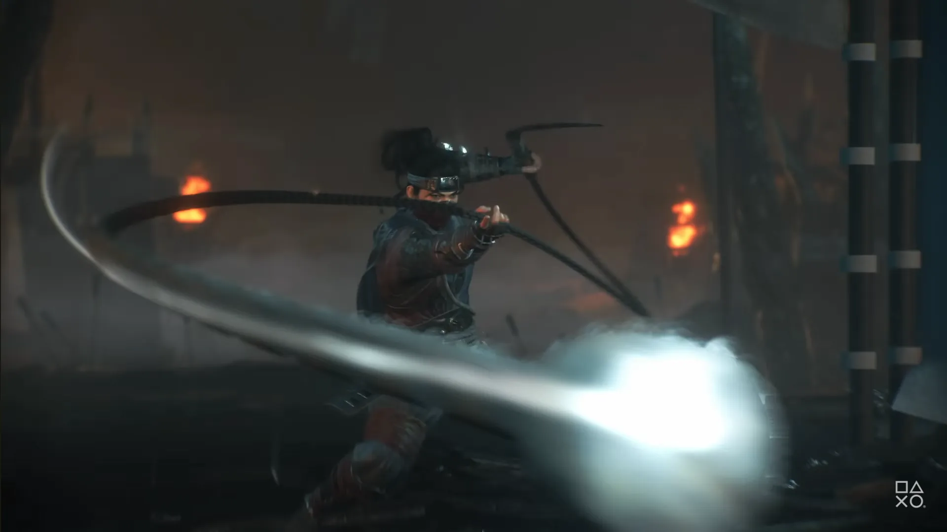 The protagonist from Nioh 3 in Ninja-style, executing a swift, sweeping attack with a blade.