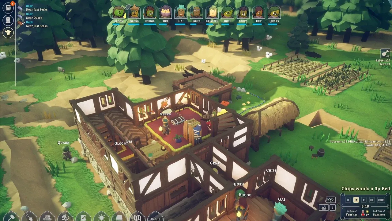 An isometric view of a Noble Fates settlement, showing a wooden house with an open interior, outdoor farming plots, and several characters.