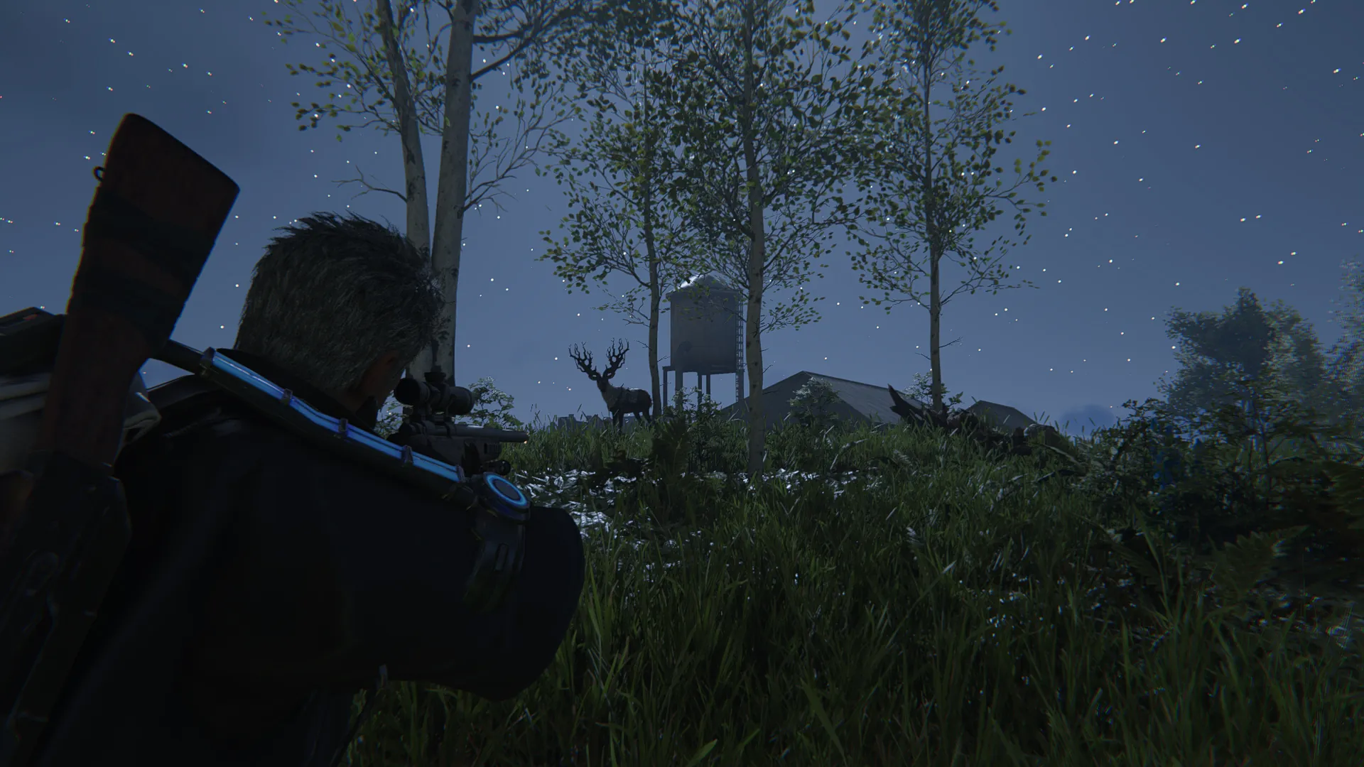 A third-person view of a character aiming a scoped rifle at a large deer near a water tower at night in the game Once Human.