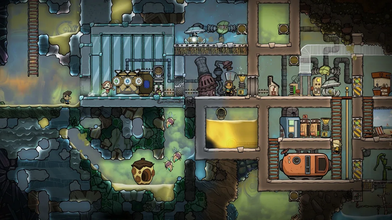 Screenshot of a base in Oxygen Not Included, showing various rooms, machinery, pipes, and duplicants navigating a complex underground facility.