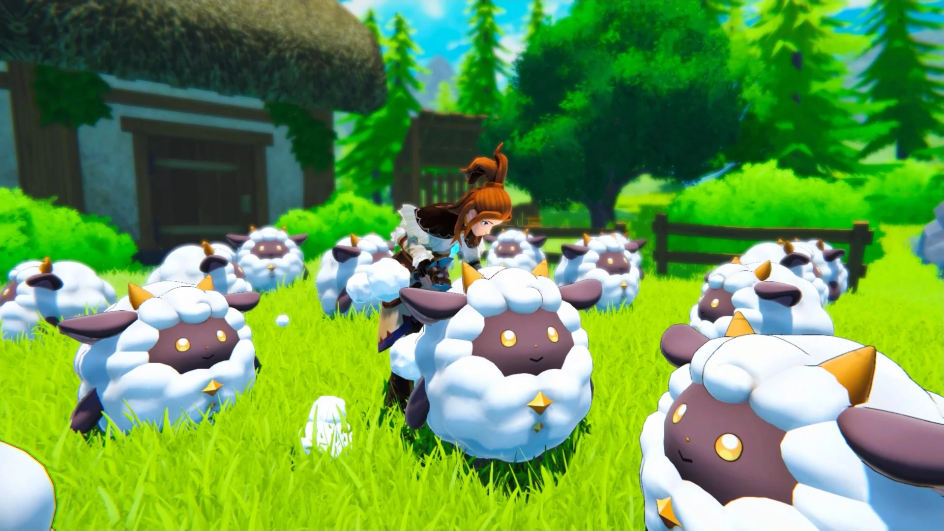 A player character surrounded by numerous fluffy, sheep-like creatures called Lamballs in a grassy field in the game Palworld.