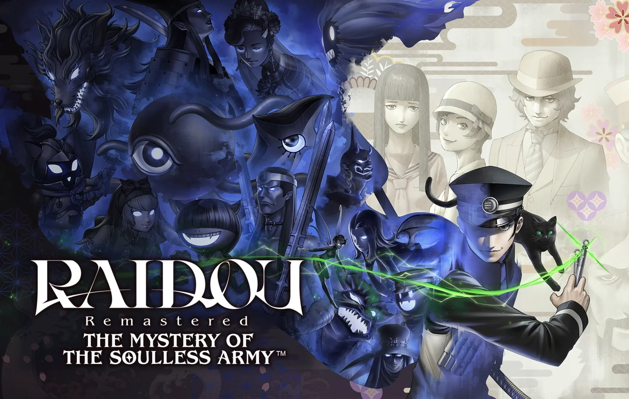 The key art for Raidou Remastered: The Mystery of the Soulless Army, split into two sides: one dark and shadowy with monstrous figures, and the other lighter with human characters in period attire, all centered around Raidou Kuzunoha and a black cat.