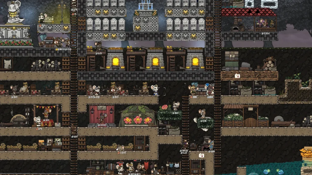 Ratopia gameplay screenshot showing a bustling 2D side-scrolling base, with multiple floors of rat-citizens engaging in activities, surrounded by constructed rooms and natural cavern elements.