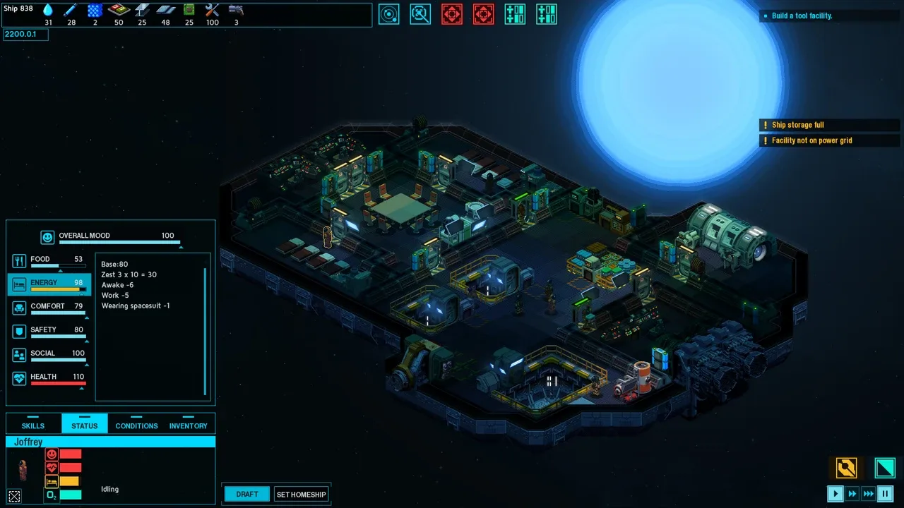 An isometric view of a ship's interior in Space Haven, showing various rooms, machinery, and a large blue star in the background.