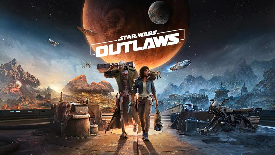 A promotional image for Star Wars Outlaws, featuring Kay Vess, Nix, and ND-5.