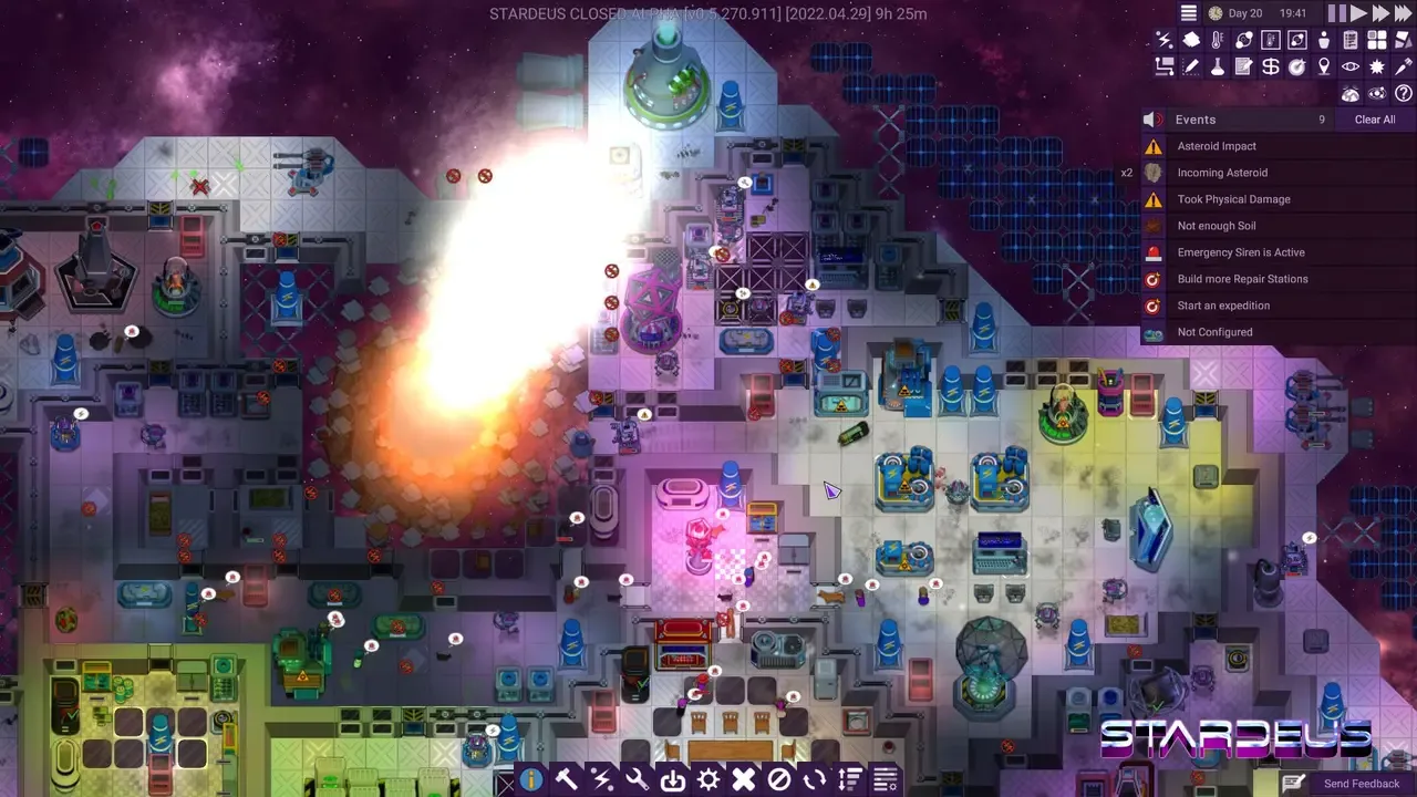 A screenshot of a complex spaceship in Stardeus, with numerous rooms, futuristic machinery, and a large explosion central to the image.