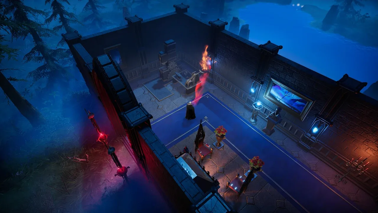 An isometric view of a vampire's castle in V Rising at night, showing a character inside a dimly lit stone structure with a glowing red aura.