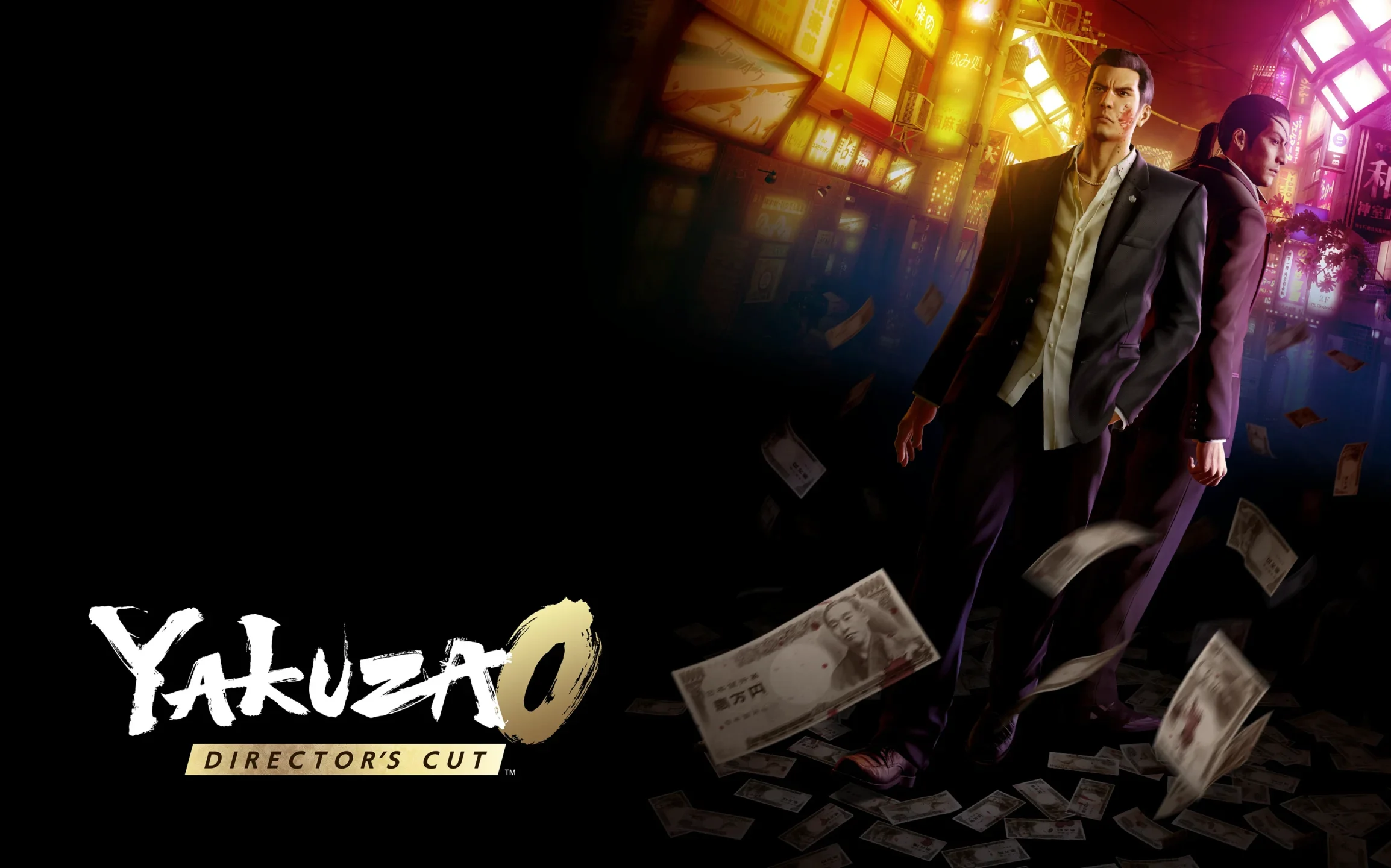 The key art for Yakuza 0: Director’s Cut, showing Kazuma Kiryu and Goro Majima with a serious expression, on a dimly lit street with Japanese yen banknotes floating around him, against a blurry background of neon lights.