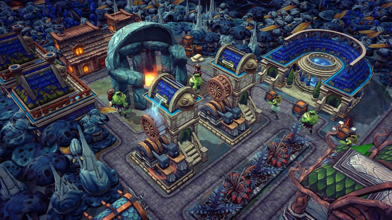 An isometric view of a fantasy settlement in Against the Storm, with a distinctive, detailed art style. The image shows several unique buildings, including a hearth, workshops, and houses, all surrounded by intricate ground textures and fantastical flora.