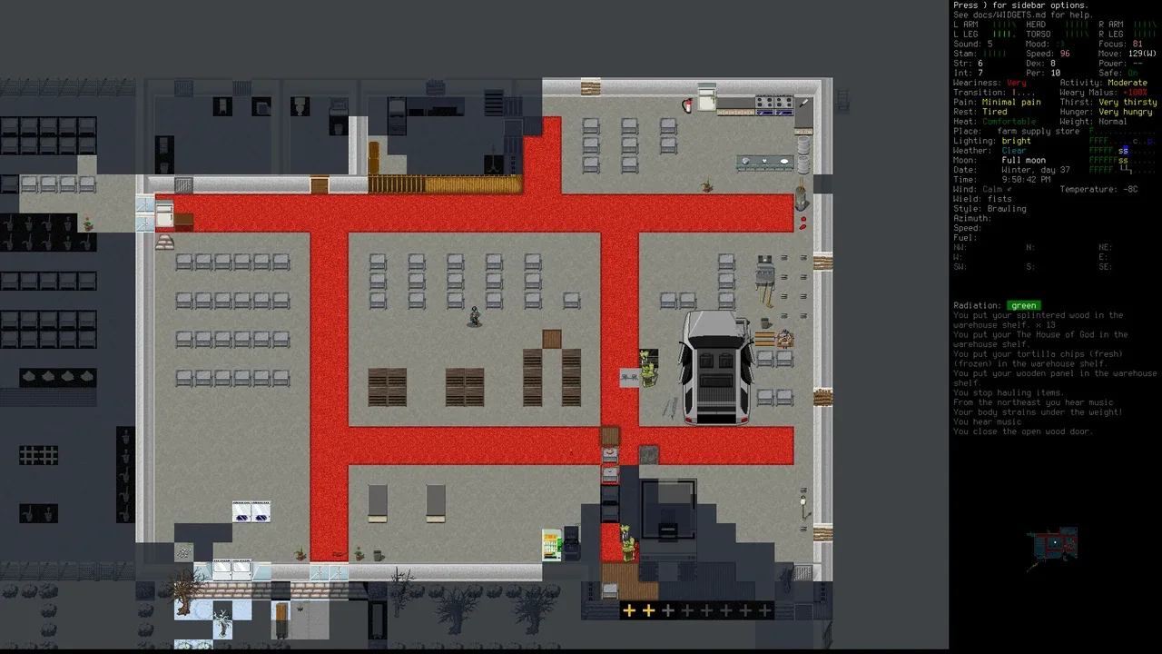 A top-down screenshot of Cataclysm: Dark Days Ahead, showing the interior of a large building with red lines indicating pathways, a white car, various objects representing shelves and furniture, and a small character. A detailed text-based UI on the right displays game information, stats, and messages.