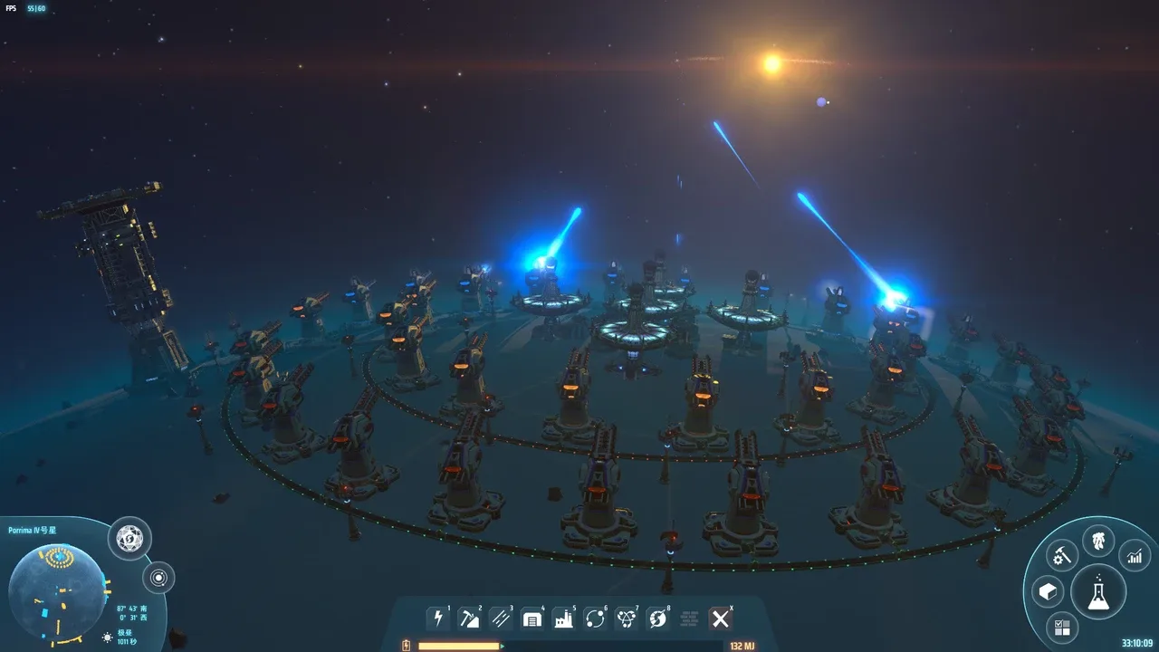 A futuristic, wide shot from Dyson Sphere Program showing a massive industrial complex built on a planetary surface, with numerous large structures, interconnected energy beams, and factory components. A sun and other celestial bodies are visible in the dark cosmic background.