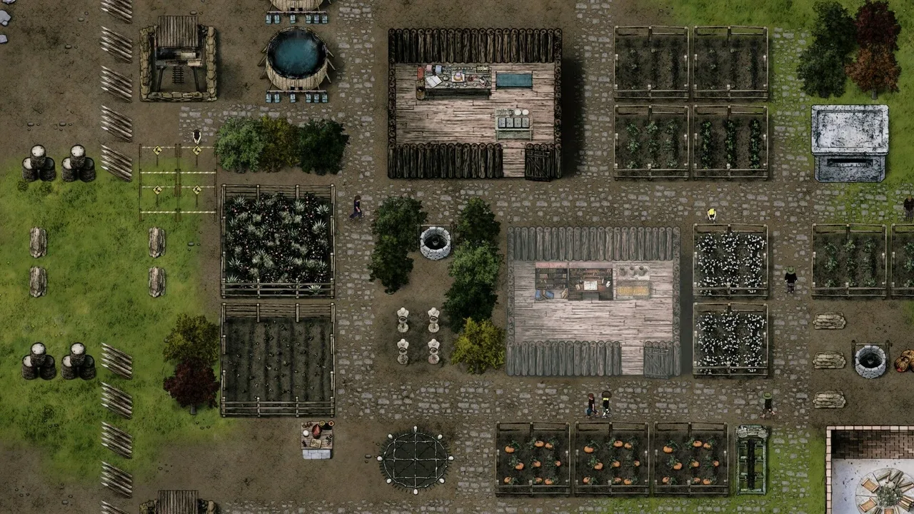 A top-down view of a fortified, post-apocalyptic base in Judgment: Apocalypse Survival Simulation. The settlement features wooden walls, various constructed buildings, several fenced-off agricultural plots, and scattered survivors moving around on dirt and stone paths.