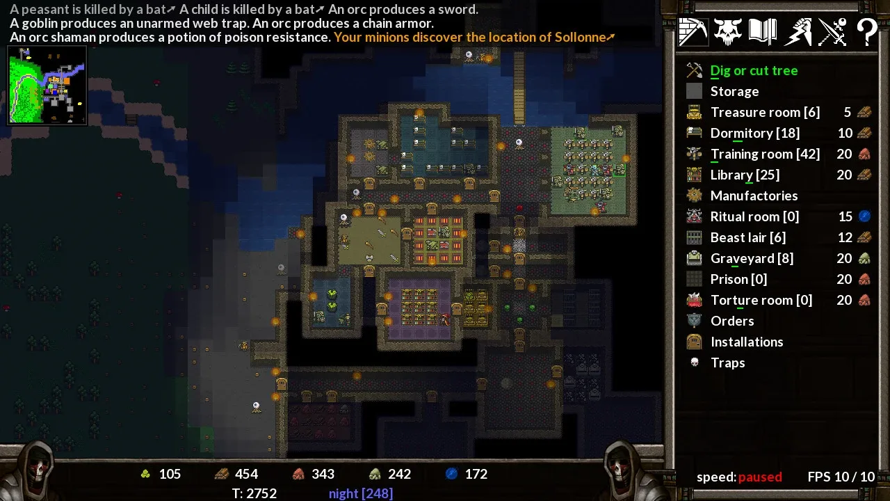 A top-down screenshot of the dungeon management game, KeeperRL. The image shows a complex base with various rooms like a dormitory, training room, and library, along with small pixelated creatures moving throughout. A sidebar on the right displays game information and options.