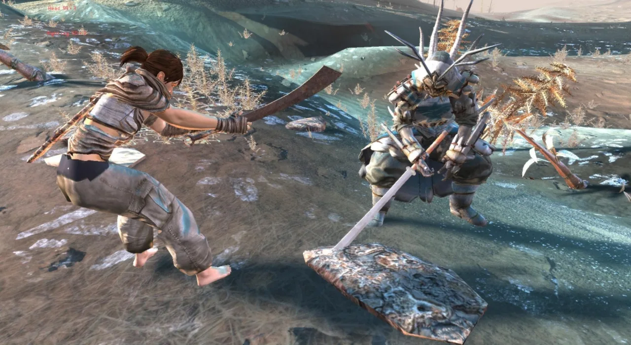 A dynamic screenshot from Kenshi showing two characters engaged in combat on a barren, light-colored landscape. One character, a female with a ponytail, is barefoot and wielding a large cleaver, poised to strike. Her opponent is heavily armored with spikes and a large, wide blade.