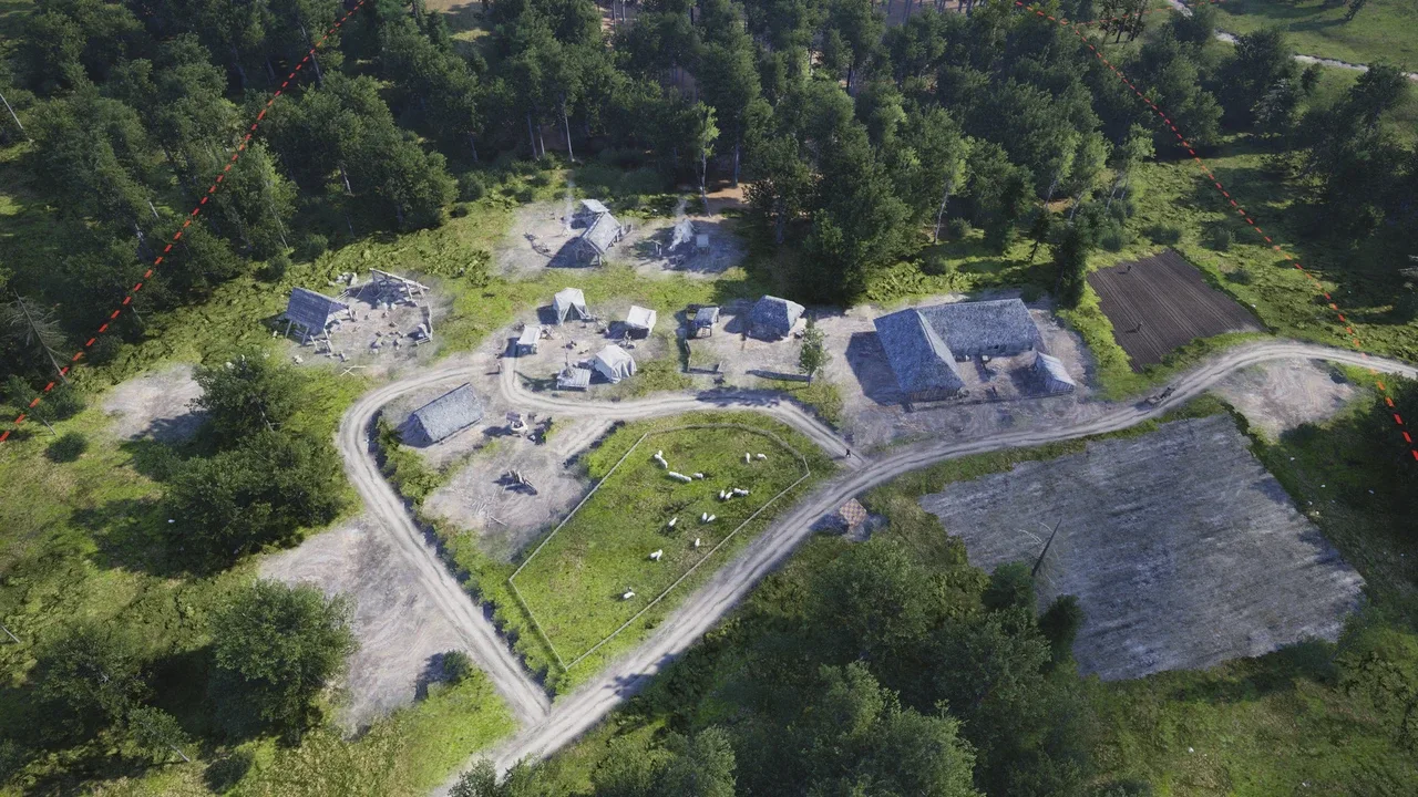 An overhead view of an early medieval settlement in Manor Lords, surrounded by dense forests. The village consists of several small wooden buildings, some tents, a fenced-in pasture with sheep, and dirt roads winding through fields and trees.