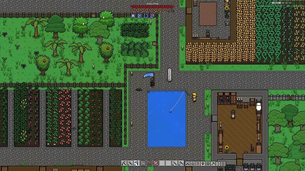 A top-down screenshot of a thriving Necesse settlement. The image shows various organized plots of land with different crops, a small pond where a character is fishing, a structured building, and numerous trees and fences, all set on a green and grey tiled landscape.