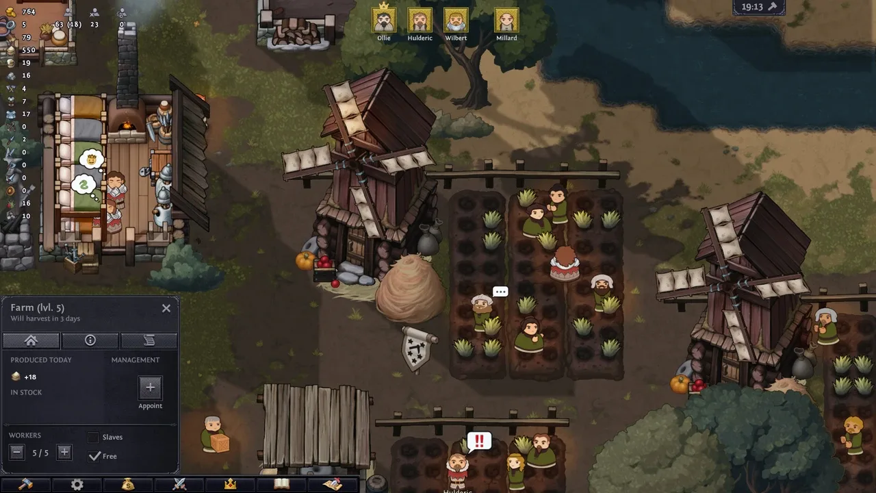 A top-down screenshot of a medieval settlement in Norland, featuring a large windmill, several farm plots with characters working, and a character inside a building to the left, indicating detailed management gameplay.