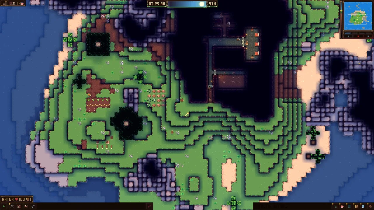 A screenshot of Odd Realm, displaying a top-down view of a varied landscape with green hills, dark rocky caverns, and blue water, showing signs of player excavation and small figures moving across the terrain.