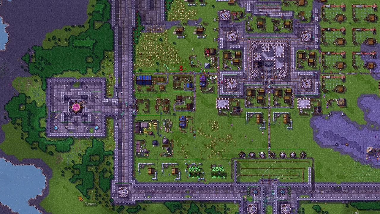 A top-down view of a large, bustling village in Rise to Ruins. The sprawling settlement features numerous stone and timber buildings, intricate pathways, various fortifications, and agricultural fields, all set within a lush green landscape with some darker areas.