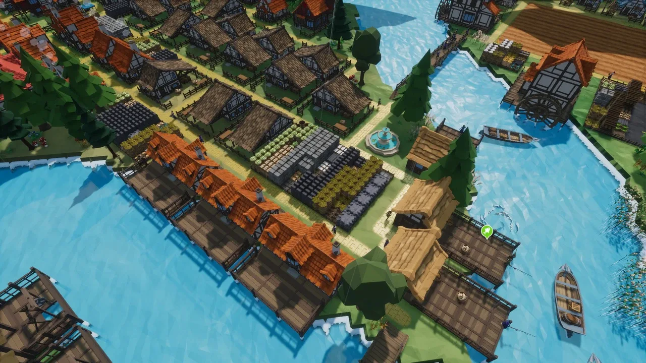 An overhead view of a well-organized medieval town in Settlement Survival. The settlement features tightly packed rows of houses with red roofs, various small farm plots, and structures built over a blue river with boats docked, suggesting a prosperous and planned community.