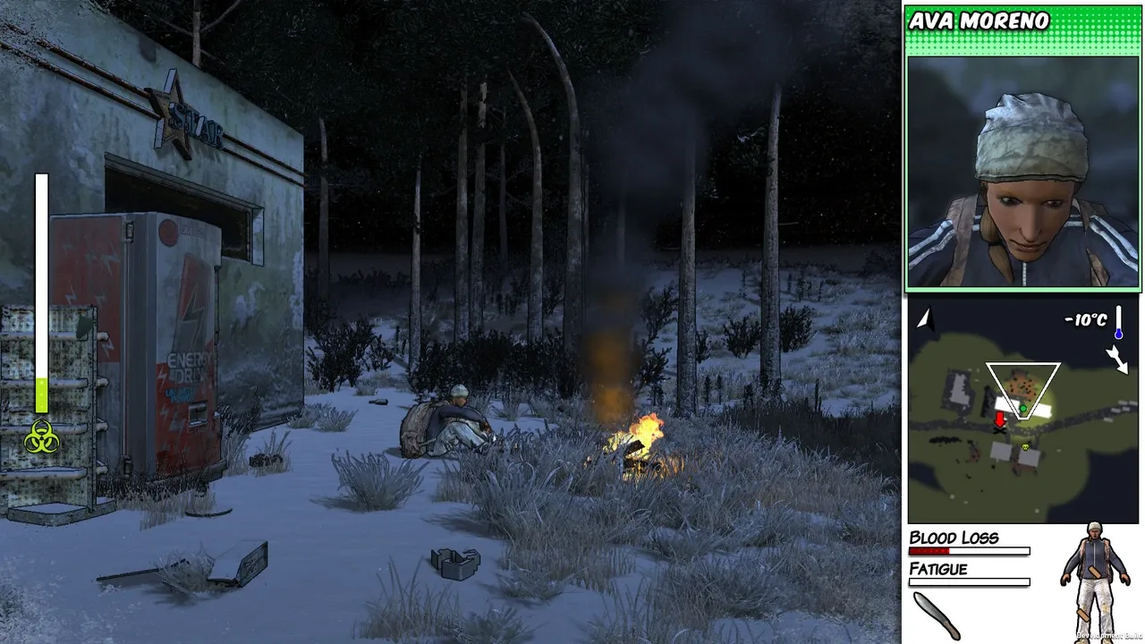 A third-person perspective screenshot from Survivalist: Invisible Strain showing a character sitting by a small campfire in a snowy, desolate forest at night, next to a derelict building. The game's UI with character stats and a map is visible on the right.