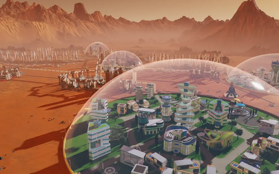 An expansive, futuristic view of multiple large, transparent domes on the red Martian surface in Surviving Mars. Inside the domes, lush green environments and advanced, modern buildings are visible, contrasting with the vast, rocky, orange landscape and distant mountains.