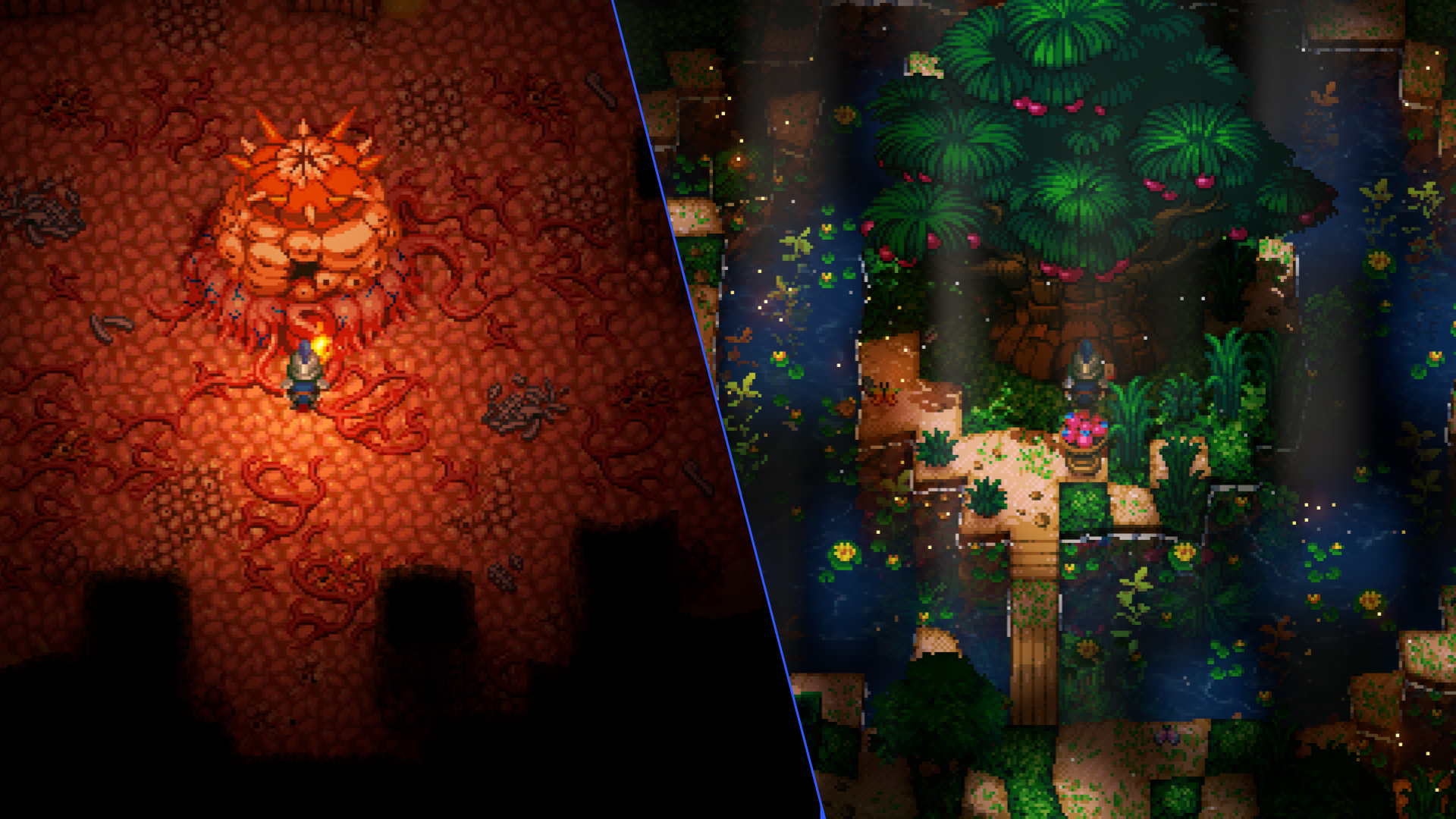 A split-screen Core Keeper image. The right side shows the "Azeos Wilderness" biome with a vibrant green "Paradise Tree" amidst lush flora and water. The left side shows a player character standing in front of "The Hive Mother," a large, grotesque boss within a dark, red-tinged chamber.