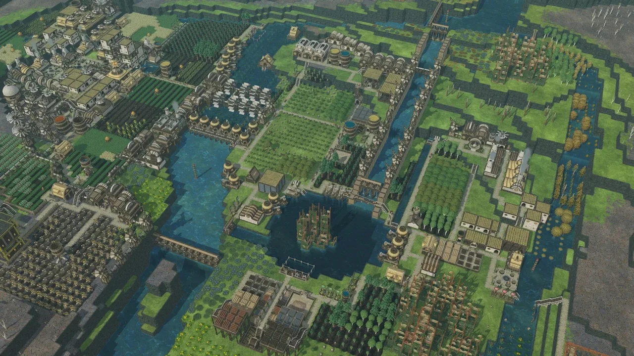 An aerial view of an extensive beaver settlement in Timberborn, showcasing a complex system of wooden buildings, water management structures like dams and canals, and cultivated fields, all thriving amidst a verdant landscape with interconnected waterways.